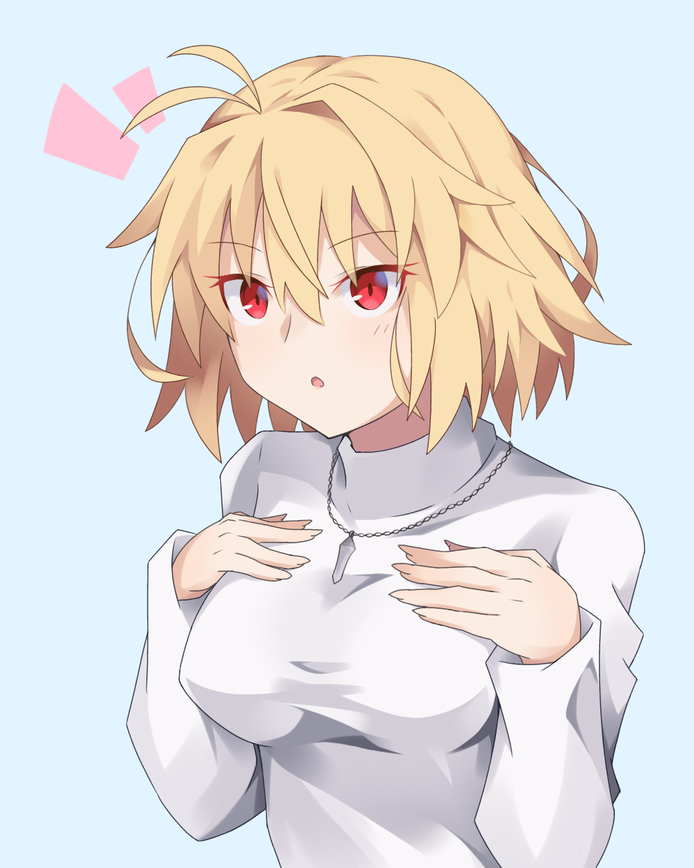 1girl ahoge arcueid_brunestud bangs blonde_hair breasts eyebrows_behind_hair eyebrows_visible_through_hair green_background hair_between_eyes highres jewelry necklace open_mouth red_eyes short_hair simple_background solo sweater tsukihime tsukihime_(remake) type-moon uryu0270