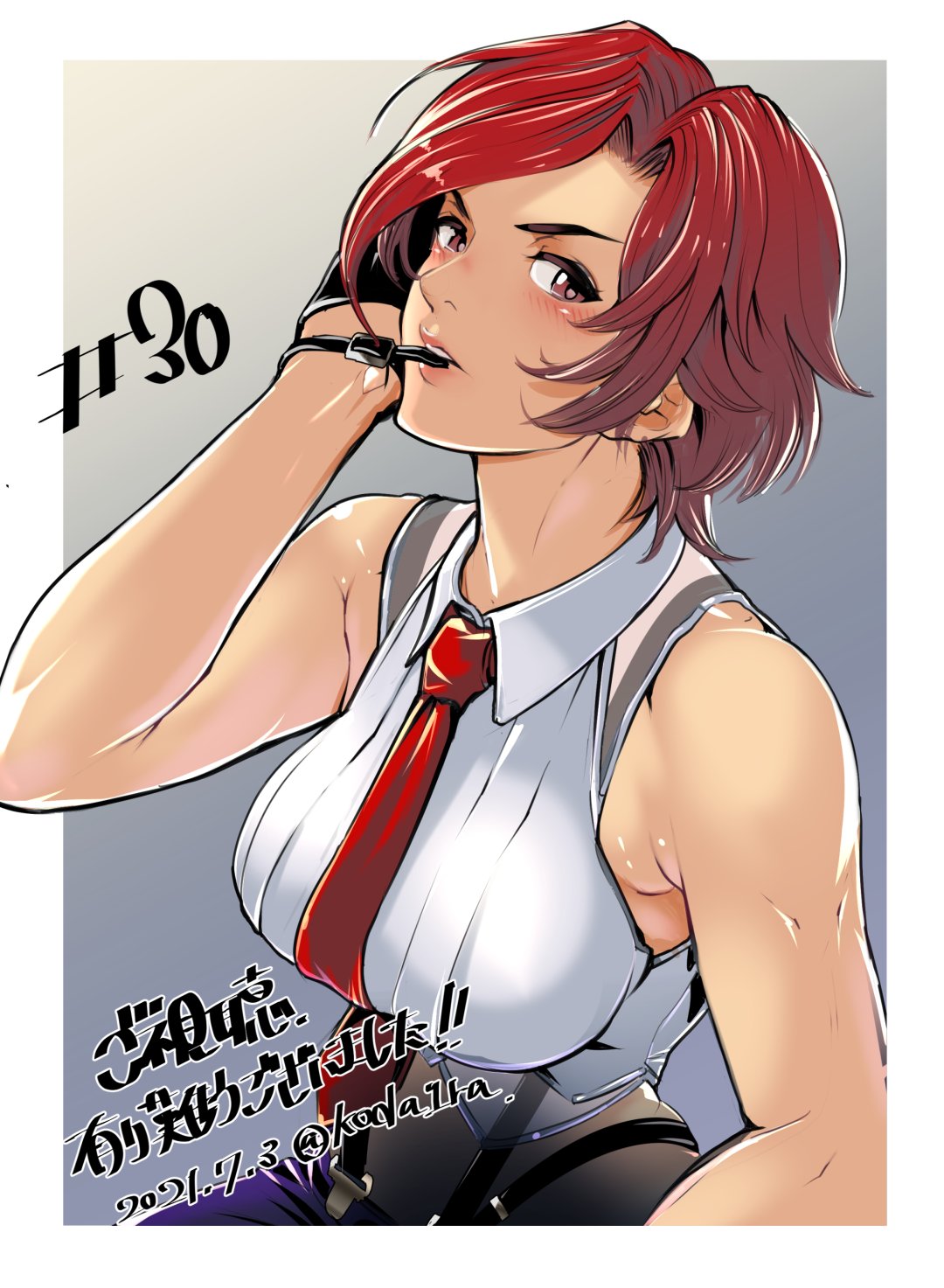 1girl bare_shoulders gloves highres koda1ra lips mature_female mouth_hold necktie redhead short_hair sleeveless solo suspenders the_king_of_fighters toned vanessa_(kof)