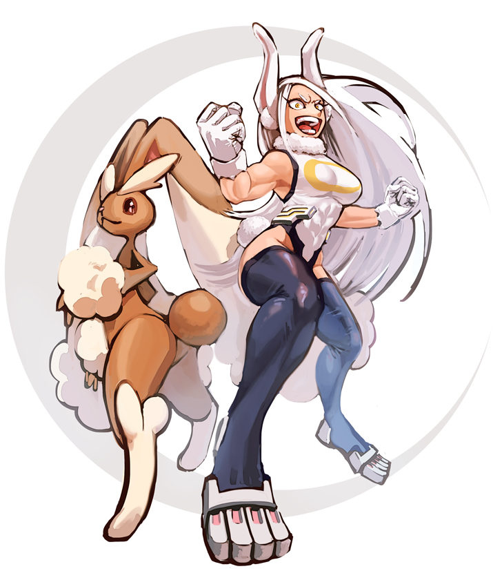 1girl :d animal_ears bare_arms black_legwear boku_no_hero_academia breasts clenched_hands commentary_request covered_abs crossover eyelashes from_below gen_4_pokemon gloves hands_up knees legs_apart leotard long_hair lopunny mirko ohhhhhhtsu open_mouth pokemon pokemon_(creature) smile standing teeth thigh-highs toes tongue white_gloves white_hair yellow_eyes