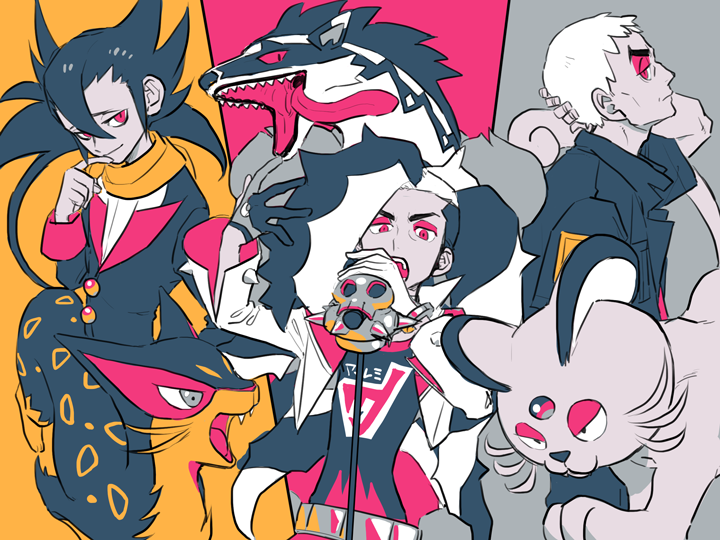 3boys alolan_form alolan_persian alternate_eye_color arm_behind_head bangs belt bike_shorts black_hair black_jacket closed_mouth commentary_request cropped_jacket eyeshadow gen_5_pokemon gen_7_pokemon gen_8_pokemon grimsley_(pokemon) gym_leader hair_between_eyes hand_up hands_up holding holding_microphone island_kahuna jacket liepard long_hair long_sleeves makeup male_focus microphone multicolored_hair multiple_boys nanu_(pokemon) obstagoon ohhhhhhtsu open_mouth piers_(pokemon) pokemon pokemon_(game) pokemon_bw pokemon_sm pokemon_swsh raised_eyebrows scarf shirt short_sleeves singer smile spiky_hair teeth two-tone_hair white_hair white_jacket