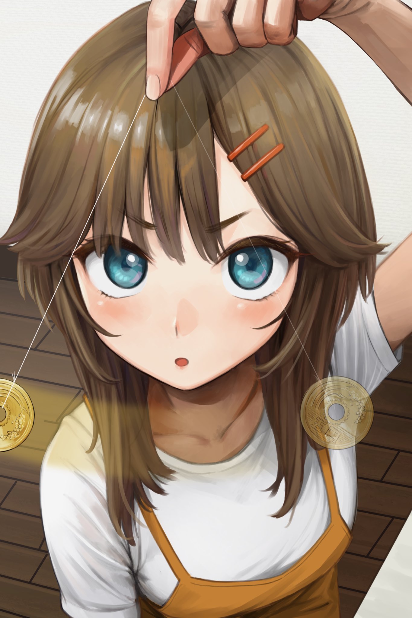 1girl arm_up bangs blue_eyes blush brown_hair coin_on_string collarbone commentary_request copyright_request eyebrows_visible_through_hair hair_ornament hairclip highres holding_string indoors looking_at_viewer medium_hair open_mouth potato_iida pov shiny shiny_hair shirt short_sleeves solo white_shirt wooden_floor
