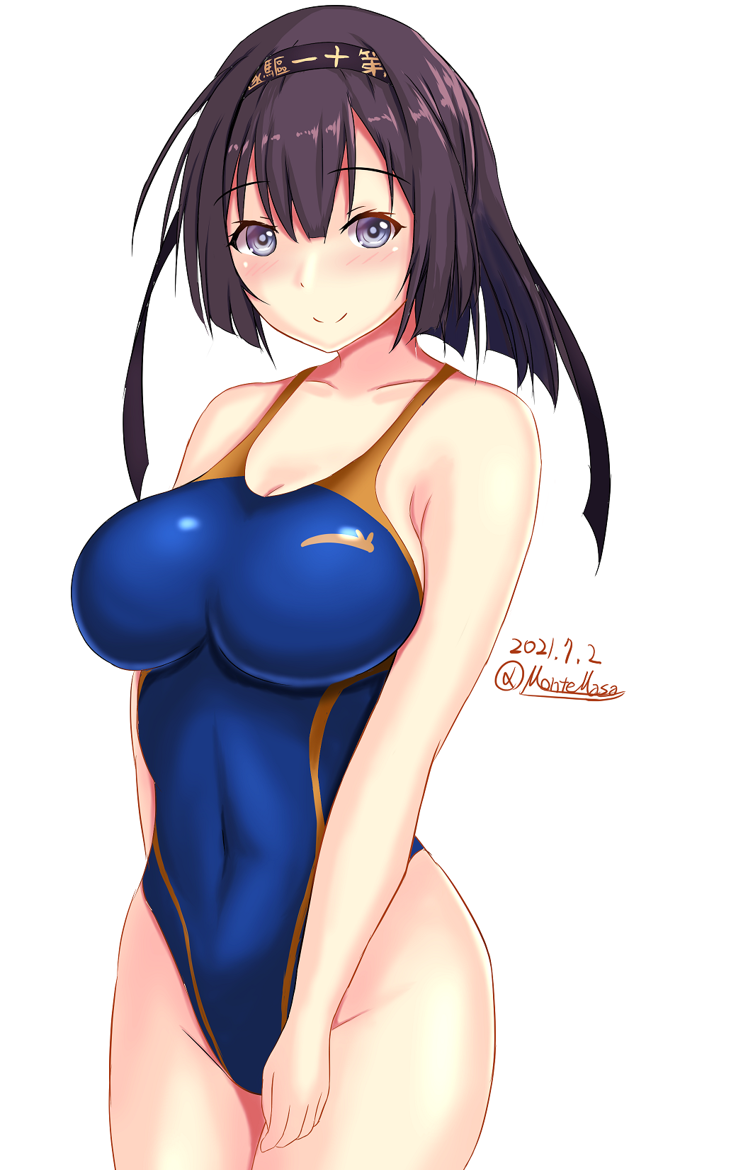 1girl ahoge akizuki_(kancolle) black_hair black_headband blue_eyes breasts clothes_writing competition_swimsuit cowboy_shot grey_eyes hachimaki headband highleg highleg_swimsuit highres impossible_clothes impossible_swimsuit kantai_collection looking_at_viewer medium_breasts montemasa one-piece_swimsuit ponytail simple_background solo swimsuit twitter_username white_background