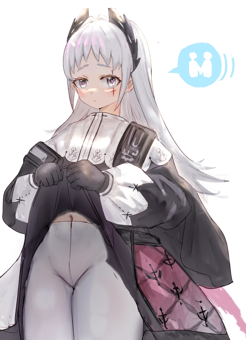 1girl ark_bone arknights black_gloves black_jacket blush capelet closed_mouth clothes_lift commentary_request gloves grey_eyes grey_hair groin irene_(arknights) jacket lifted_by_self long_hair long_sleeves looking_at_viewer navel pantyhose puffy_long_sleeves puffy_sleeves simple_background skirt skirt_lift solo thick_eyebrows very_long_hair white_background white_capelet white_legwear white_skirt