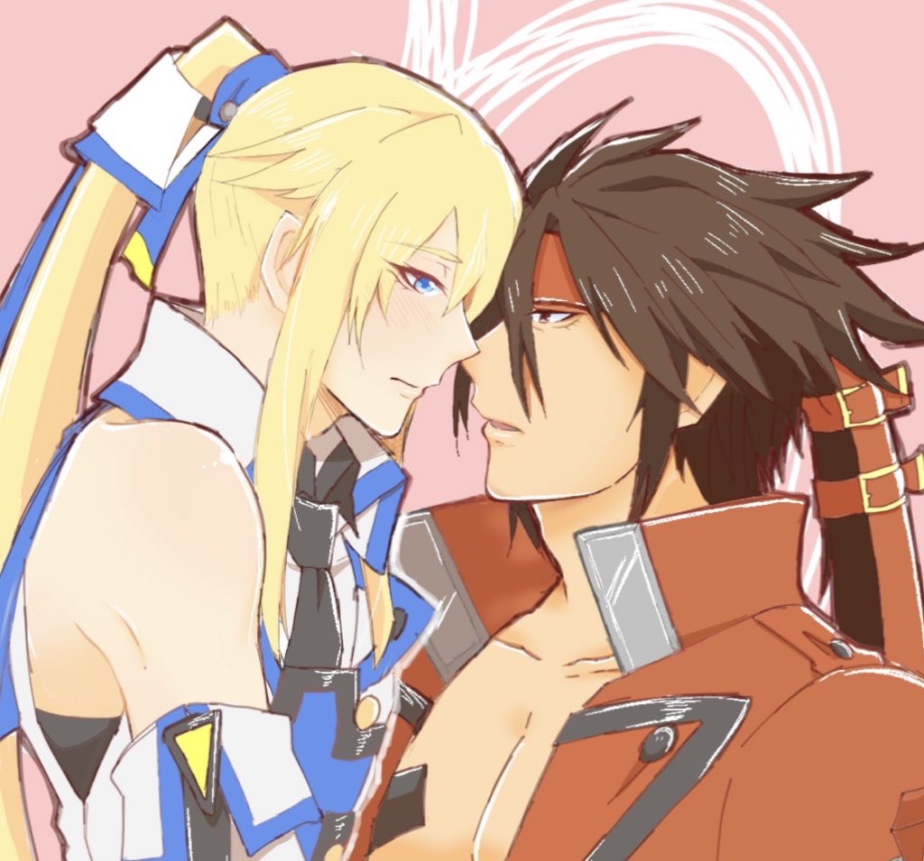 2boys blonde_hair blue_eyes brown_hair guilty_gear guilty_gear_xrd imminent_kiss ky_kiske long_hair looking_at_another male_focus multiple_boys pale_skin ponytail sol_badguy tan