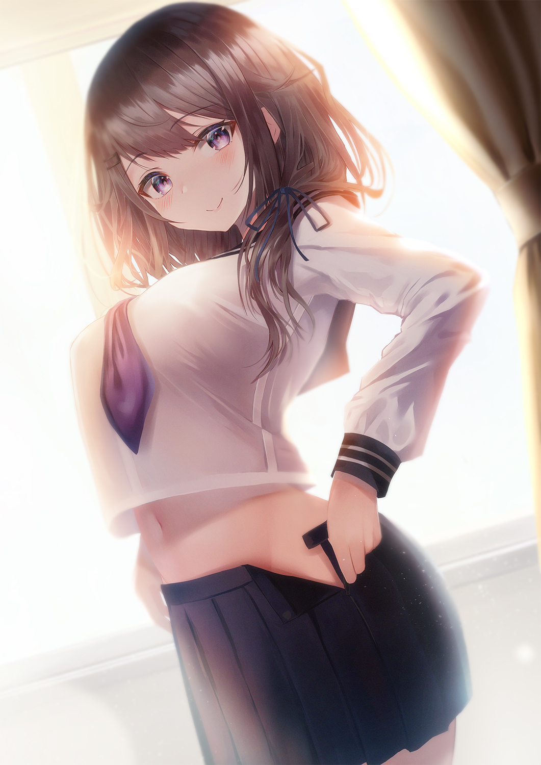 1girl backlighting bangs black_skirt blush breasts brown_hair closed_mouth commentary_request cowboy_shot crop_top crop_top_overhang curtains dressing dutch_angle eyebrows_visible_through_hair hair_over_shoulder hair_ribbon highres indoors large_breasts long_hair long_sleeves looking_at_viewer midriff miniskirt navel neckerchief open_clothes open_skirt original photoshop_(medium) pleated_skirt purple_neckwear revision ribbon school_uniform serafuku shirt sidelocks skirt smile solo standing violet_eyes white_serafuku white_shirt window yk_(pixiv43531291)