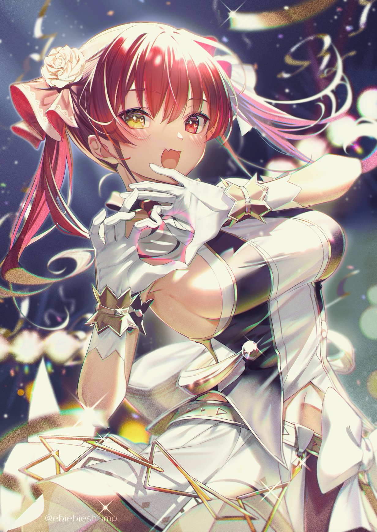 1girl blurry blurry_background blush bokeh breasts commentary confetti cowboy_shot depth_of_field dress eyebrows_visible_through_hair fang flower glint gloves hair_between_eyes hair_flower hair_ornament hair_ribbon heart heart_hands heart_in_eye heterochromia highres hololive houshou_marine idol looking_at_viewer medium_breasts medium_hair midriff navel official_alternate_costume open_mouth red_eyes red_ribbon redhead ribbon rose shuri_(84k) sideboob skin_fang skirt sleeveless sleeveless_dress smile solo sparkle stage_lights symbol_in_eye twintails twitter_username virtual_youtuber white_dress white_flower white_gloves white_rose white_skirt wrist_cuffs yellow_eyes