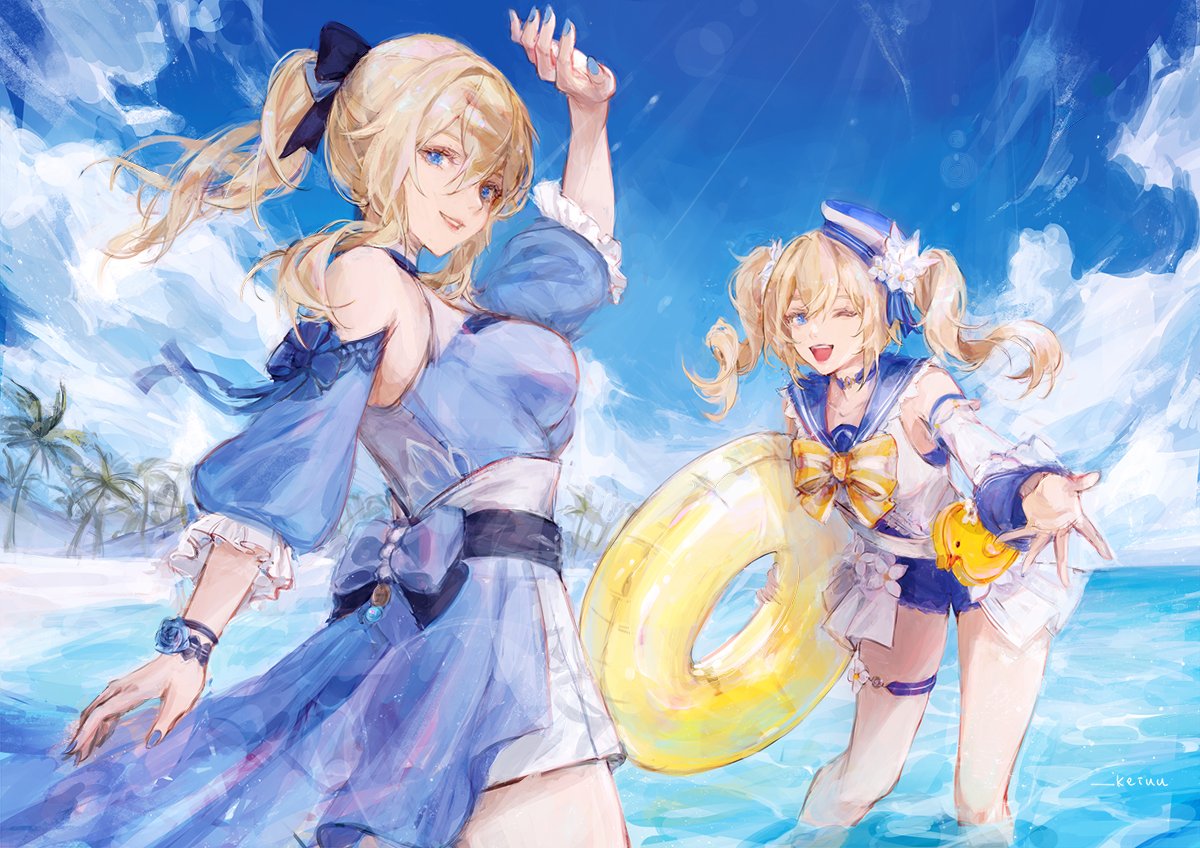 2girls :d animal_bag aqua_flower bangs barbara_(genshin_impact) barbara_(summertime_sparkle)_(genshin_impact) bare_shoulders beach bird blonde_hair blouse blue_blouse blue_choker blue_eyes blue_nails blue_sky blue_swimsuit bracelet choker clouds detached_sleeves drill_hair duck genshin_impact hair_between_eyes hand_up hat high-waist_shorts in_water innertube jean_(genshin_impact) jean_(sea_breeze_dandelion)_(genshin_impact) jewelry keiuu multiple_girls nail_polish official_alternate_costume one-piece_swimsuit one_eye_closed open_mouth outdoors partially_submerged sailor_hat shore shorts sky smile standing swimsuit thigh_strap thighlet twin_drills water white_headwear white_shorts