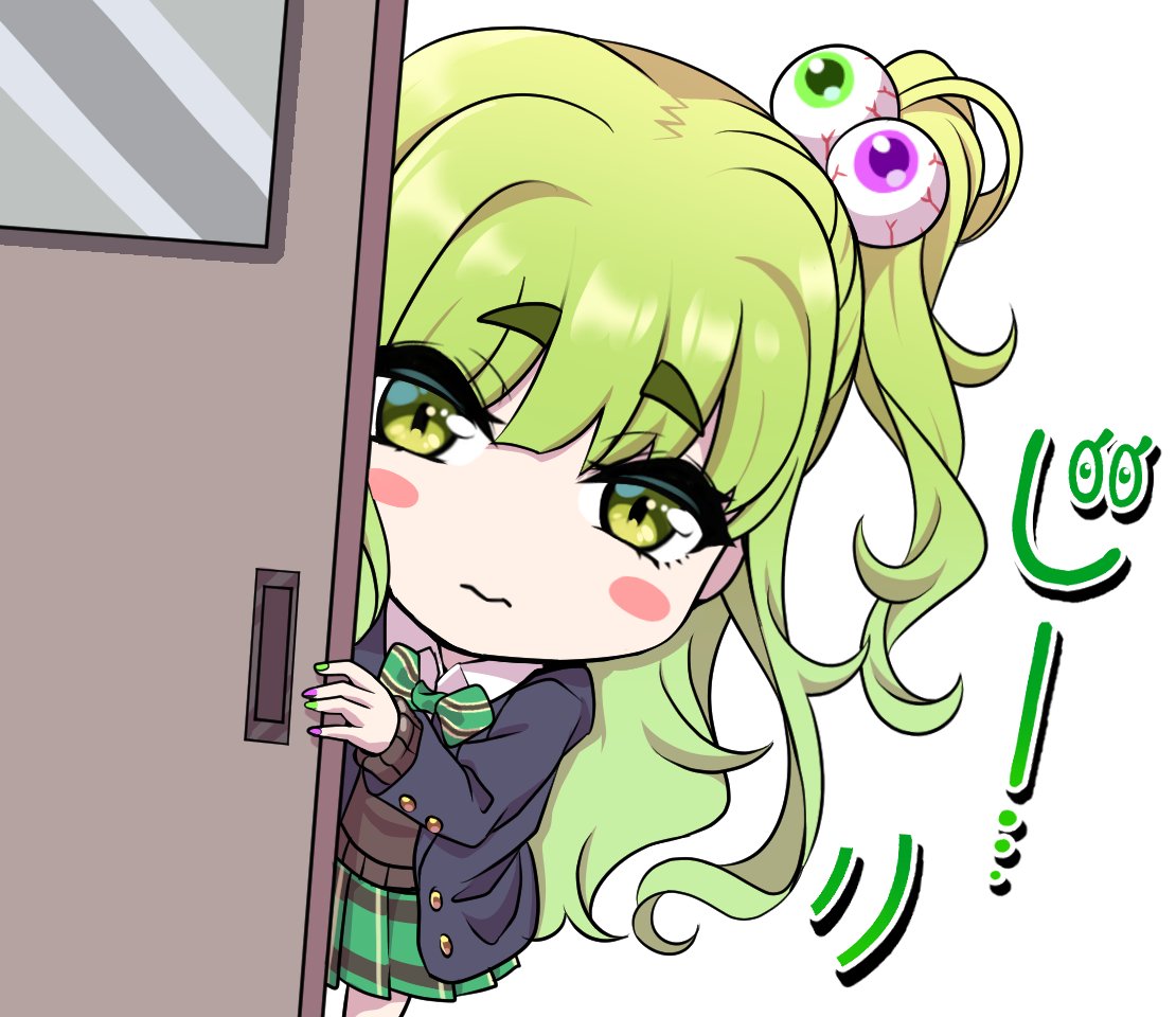 1girl blush blush_stickers bow bowtie chibi commentary_request door eyeball_hair_ornament eyebrows_visible_through_hair fake_nails green_eyes green_hair jacket long_hair looking_at_viewer multicolored multicolored_nails original osanai_(shashaki) peeking school_uniform shashaki side_ponytail skirt solo thick_eyebrows translation_request white_background