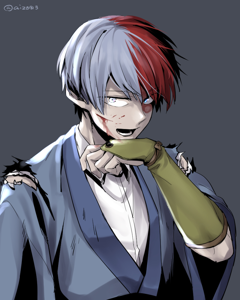 1boy blood blood_on_face boku_no_hero_academia burn_scar clothing_request commentary_request fingerless_gloves gloves grey_background grey_eyes hand_up heterochromia injury looking_at_viewer male_focus multicolored_hair open_mouth redhead scar short_hair solo todoroki_shouto tonomayo torn_clothes twitter_username two-tone_hair upper_body white_hair