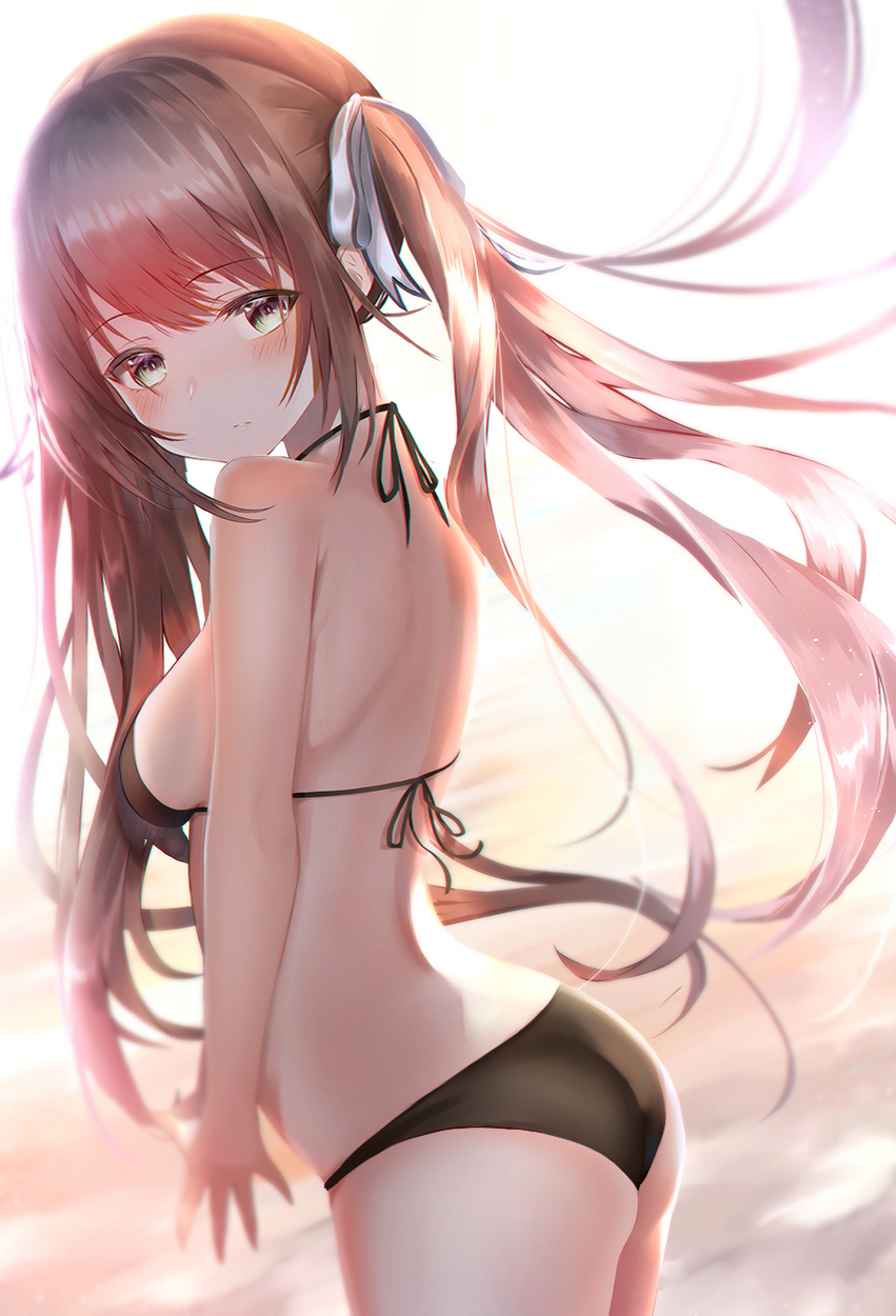 1girl arched_back ass back backlighting bare_arms bare_shoulders bikini black_bikini breasts brown_hair closed_mouth cowboy_shot floating_hair from_side green_eyes hair_ribbon halter_top halterneck highres long_hair looking_at_viewer original ribbon sidelocks small_breasts solo standing string_bikini swimsuit thighs twintails very_long_hair yk_(pixiv43531291)