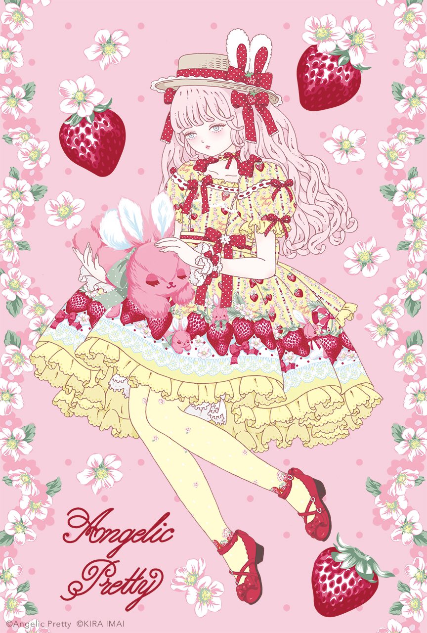 ad angelic_pretty animal_ears bangs blunt_bangs boater_hat bow copyright_name dress fashion flower food food-themed_hair_ornament food_print frilled_dress frilled_skirt frills fruit grey_eyes hair_bow hair_ornament hat highres kira_imai lace leggings lolita_fashion patterned_clothing pink_background pink_hair postcard print_legwear rabbit rabbit_ears real_life red_bow red_footwear skirt strawberry strawberry_blossoms strawberry_hair_ornament strawberry_print stuffed_animal stuffed_bunny stuffed_toy yellow_dress yellow_legwear