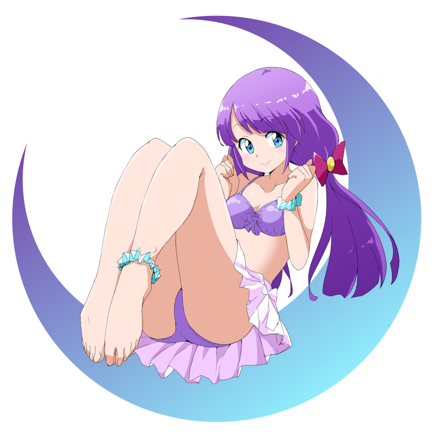 1girl ankle_scrunchie barefoot bikini blue_eyes bow closed_mouth crescent_moon eyebrows_visible_through_hair full_body hair_bow kaguya_madoka long_hair looking_at_viewer low_twintails miniskirt moon pleated_skirt precure purple_bikini purple_hair red_bow scrunchie shiny shiny_hair skirt smile solo star_twinkle_precure swimsuit twintails uraki very_long_hair white_background white_skirt wrist_scrunchie