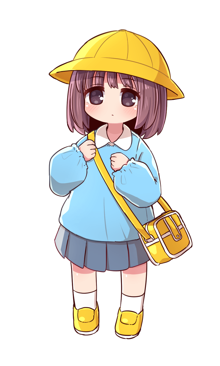 1girl bag bangs blue_shirt blue_skirt blush brown_eyes brown_hair closed_mouth collared_shirt eyebrows_visible_through_hair full_body hat highres kindergarten_bag kindergarten_uniform loafers long_sleeves looking_at_viewer naga_u original pleated_skirt puffy_long_sleeves puffy_sleeves school_hat shirt shoes simple_background skirt sleeves_past_wrists socks solo standing white_background white_legwear yellow_footwear yellow_headwear