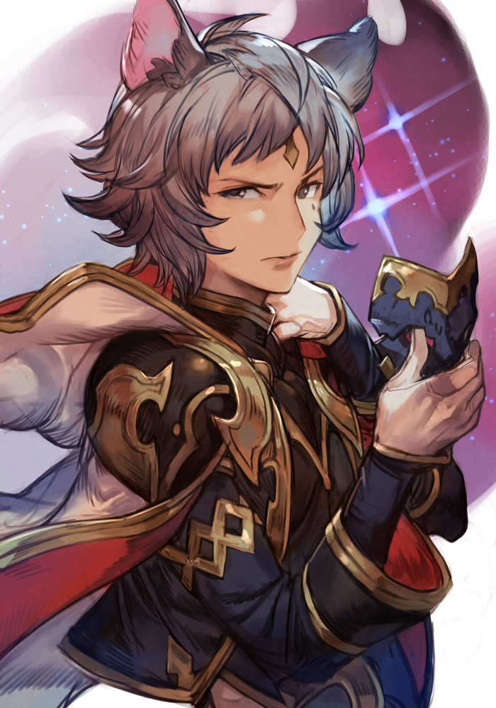 1boy animal_ears cloak_removed erune feet_out_of_frame gloves granblue_fantasy grey_eyes grey_hair hankuri hankuri lips looking_at_viewer mask mask_removed short_hair six_(granblue_fantasy) solo sparkle traditional_media white_gloves