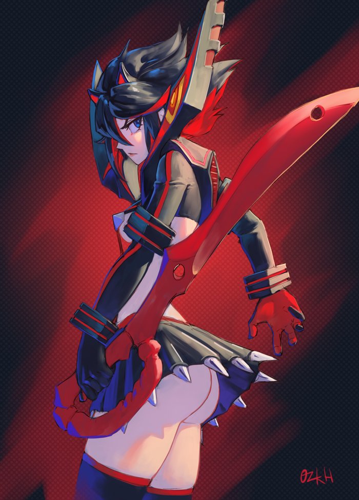 1girl ass bangs black_background black_gloves black_hair black_legwear blue_eyes breasts closed_mouth from_side gloves hair_between_eyes holding holding_sword holding_weapon kill_la_kill matoi_ryuuko medium_breasts microskirt multicolored multicolored_hair ozkh pleated_skirt red_background red_legwear redhead revealing_clothes scissor_blade senketsu short_hair sideboob signature skirt solo spikes streaked_hair suspenders sword thigh-highs two-tone_hair under_boob weapon