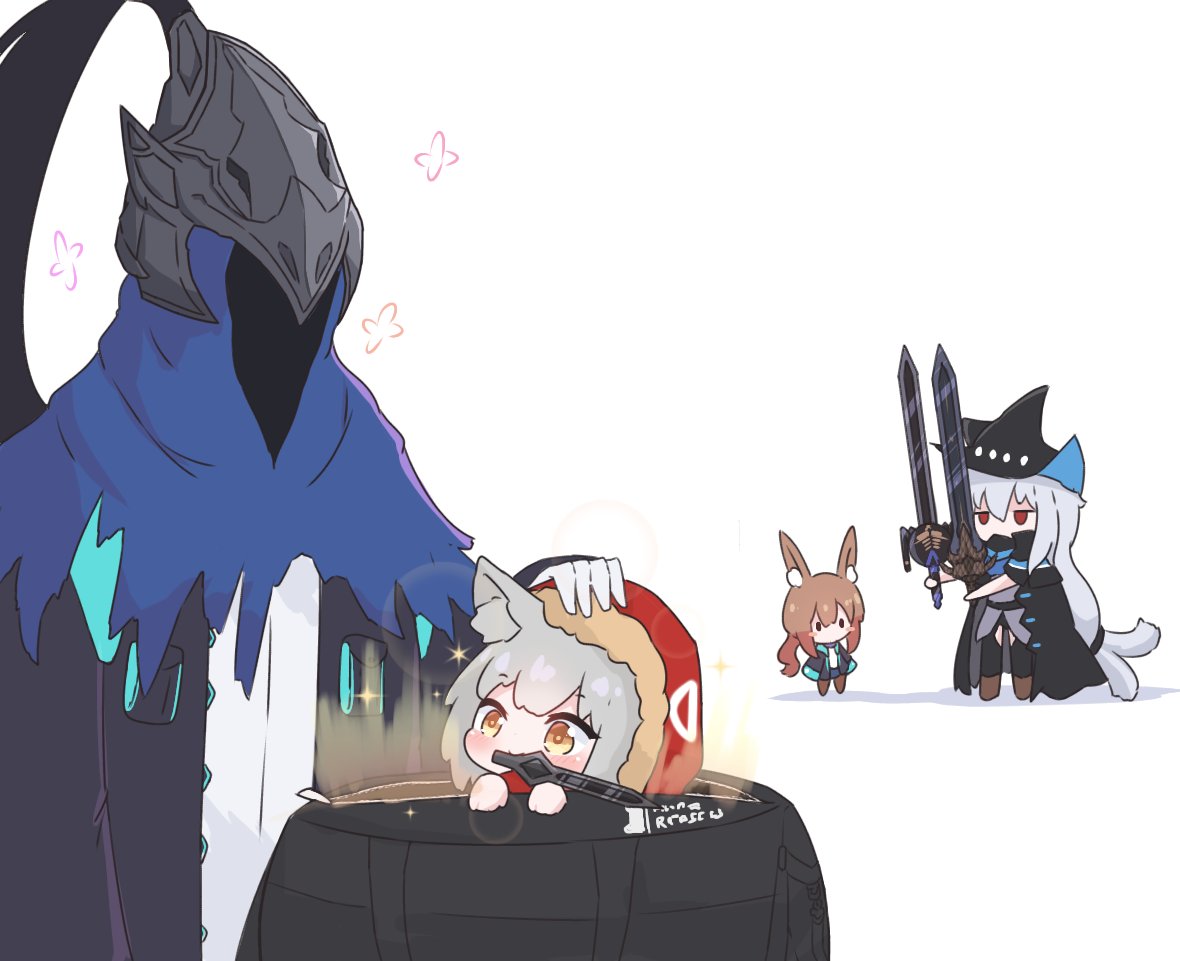 1boy 3girls amiya_(arknights) animal_ear_fluff animal_ears arknights artorias_the_abysswalker bag black_cape black_coat black_headwear black_pants boots brown_footwear brown_hair cape chibi clothing_cutout coat commission cosplay dagger dark_souls_i doctor_(arknights) doctor_(arknights)_(cosplay) english_commentary fur-trimmed_hood fur_trim gloves grey_hair grey_shirt hat helm helmet holding holding_sword holding_weapon hood hood_up hooded_jacket jacket jitome knife kurotofu long_hair low-tied_long_hair mouth_hold multiple_girls open_clothes open_coat pants projekt_red_(arknights) rabbit_ears red_eyes red_jacket shirt silver_hair skadi_(arknights) souls_(series) sparkle sword thigh_cutout weapon white_background white_gloves