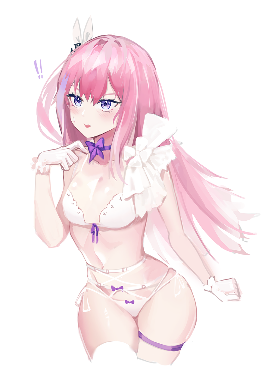 ! !! 1girl blue_eyes bow bowtie bra breasts collarbone dano eyebrows_visible_through_hair girls_frontline gloves hair_ribbon hand_on_own_shoulder highres lingerie long_hair looking_away one-hour_drawing_challenge open_mouth panties pink_hair purple_bow ribbon small_breasts solo st_ar-15_(girls_frontline) sweat underwear white_background white_bra white_gloves white_panties