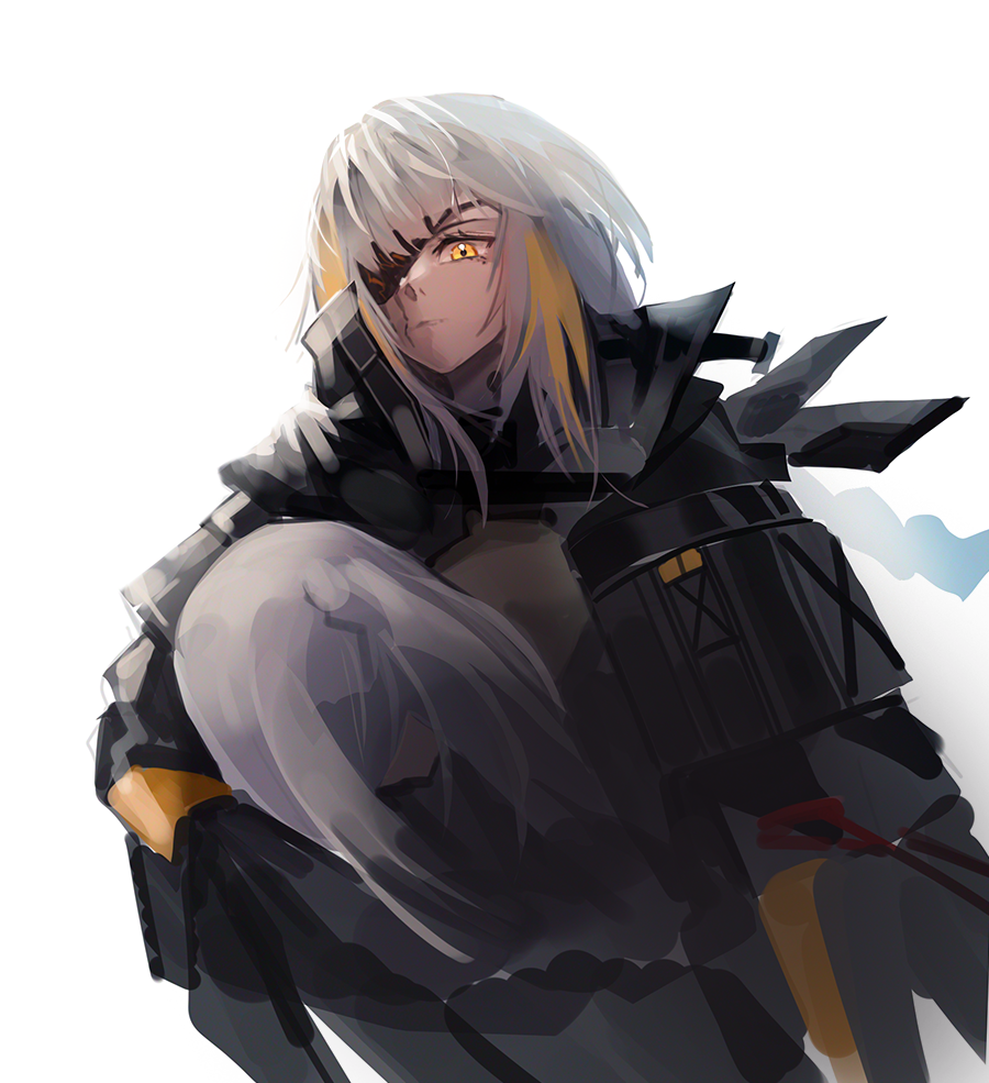 1girl black_cloak black_eyepatch black_gloves blonde_hair cloak closed_mouth dano eyebrows_visible_through_hair eyepatch girls_frontline gloves long_hair looking_at_viewer m16a1_(girls_frontline) m16a1_(girls_frontline)_(boss) multicolored_hair one-hour_drawing_challenge scar scar_across_eye silver_hair solo white_background yellow_eyes