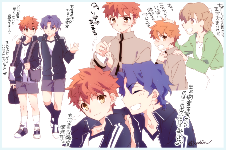 bag blue_eyes blue_hair bookbag child emiya_shirou fate/stay_night fate_(series) fujimura_taiga half_updo homurahara_academy_uniform inaho178 jacket letterman_jacket matou_shinji orange_hair ribbon_bangs short_hair shorts track_jacket translation_request wavy_hair yellow_eyes younger