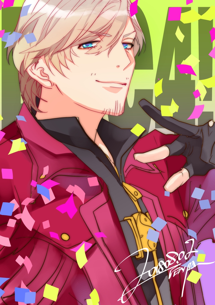 1boy artist_name black_gloves black_shirt blue_eyes coat confetti dante_(devil_may_cry) dated devil_may_cry_(series) devil_may_cry_4 dmc_pa facial_hair gloves green_background hair_between_eyes male_focus partially_fingerless_gloves shirt signature simple_background smile solo white_hair zipper_pull_tab