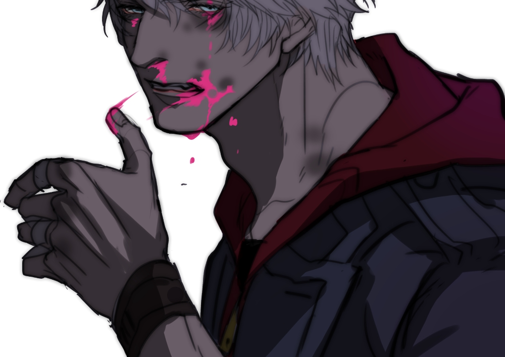 1boy artist_name blood blood_on_face blood_on_fingers blue_eyes bracelet clenched_teeth coat dated devil_may_cry_(series) devil_may_cry_4 dmc_pa dripping hair_between_eyes hood hood_down hoodie jewelry looking_at_viewer male_focus nero_(devil_may_cry) nosebleed pink_blood ring short_hair signature simple_background solo teeth upper_body white_background white_hair wiping_face