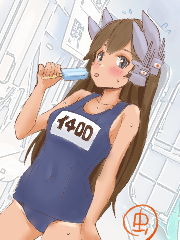 1girl artist_logo blue_eyes brown_hair character_name dutch_angle food headgear i-400_(kancolle) kantai_collection long_hair looking_at_viewer mushi_mushi_ex name_tag one-hour_drawing_challenge one-piece_tan popsicle school_swimsuit solo swimsuit tan tanline tongue tongue_out