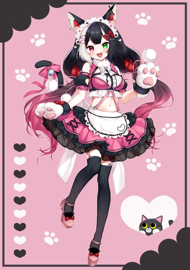 1girl :d animal_ears apron bangs bell black_hair black_legwear black_sleeves bow cat_ears cat_girl cat_tail commentary commission copyright_request crop_top detached_sleeves food frilled_skirt frills fruit full_body gloves gradient_hair green_eyes heart heterochromia jingle_bell long_hair looking_at_viewer low_twintails midriff multicolored_hair navel open_mouth paw_gloves paws pink_background pink_bow pink_footwear pink_hair pink_shirt pink_skirt pleated_skirt puffy_short_sleeves puffy_sleeves red_eyes shirt shoes short_sleeves skeb_commission skirt smile solo standing standing_on_one_leg strawberry tail tail_bell tail_bow tail_ornament thigh-highs twintails very_long_hair waist_apron white_apron white_gloves yamabukiiro