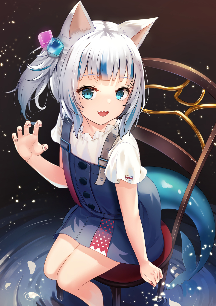 1girl bangs blue_eyes blunt_bangs claw_pose eyebrows_visible_through_hair fish_tail gawr_gura hair_ornament highres hololive hololive_english looking_at_viewer medium_hair multicolored_hair open_mouth shark_tail sharp_teeth silver_hair sitting solo streaked_hair tail teeth two_side_up virtual_youtuber yan_(nicknikg)