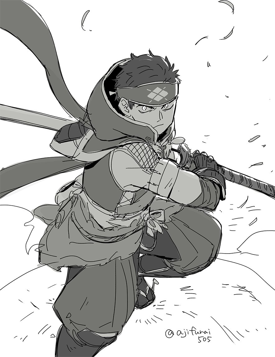 1boy asaya_minoru closed_mouth fishnets gloves greyscale headband holding holding_sword holding_weapon kamura_(armor) katana male_focus monochrome monster_hunter_(series) monster_hunter_rise puffy_pants ready_to_draw sheath sheathed sketch solo standing sword twitter_username weapon white_background zouri