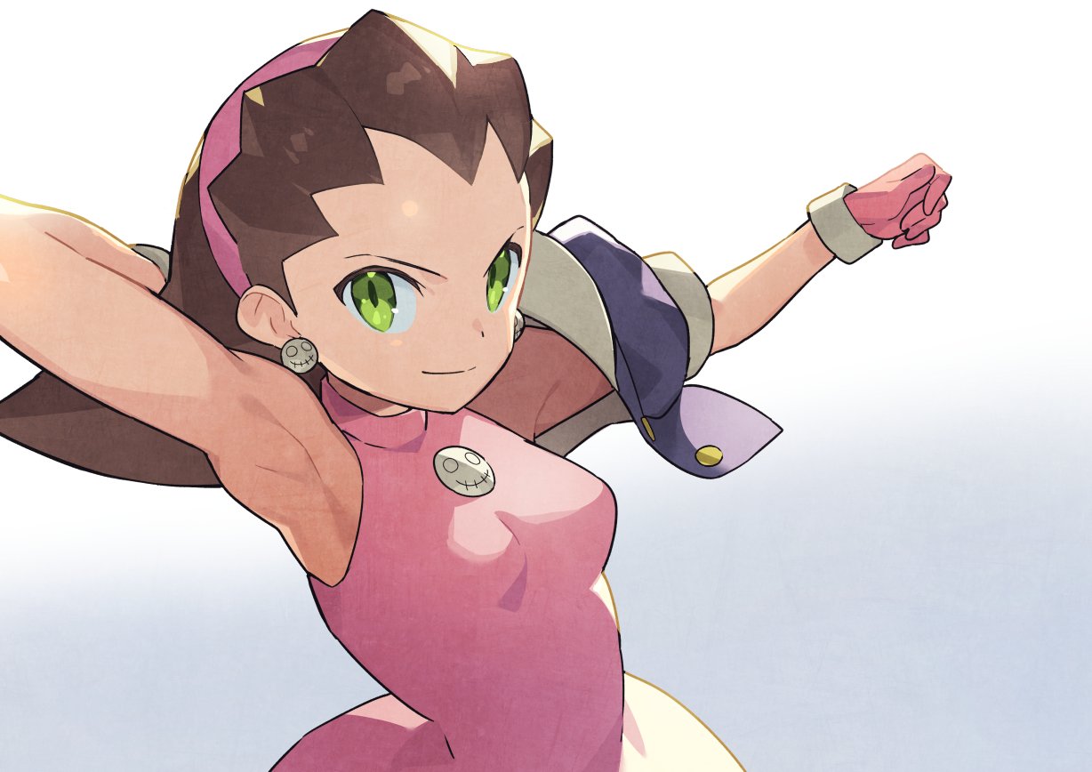 1girl arm_behind_head armpits bare_arms breasts brown_hair earrings gloves green_eyes hair_pulled_back hairband jewelry kin_niku medium_breasts mega_man_(series) mega_man_legends pink_gloves pink_hairband sleeveless smile solo tron_bonne_(mega_man)