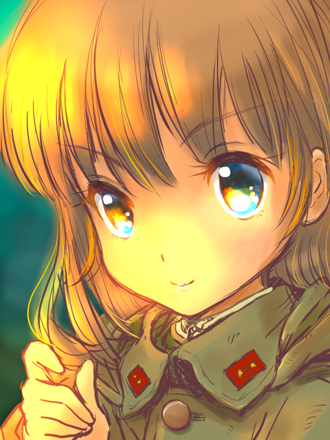 1girl brown_eyes hand_up imperial_japanese_army light_brown_hair long_hair looking_at_viewer m_tap military military_uniform original portrait soldier solo uniform world_war_ii