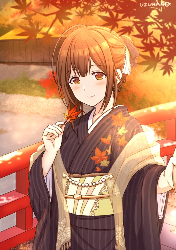 1girl ahoge artist_name autumn autumn_leaves bangs black_kimono blush bridge brown_eyes brown_hair closed_mouth eijima_moko eyebrows_visible_through_hair floral_print hair_bun hair_ribbon holding holding_leaf idolmaster idolmaster_shiny_colors japanese_clothes kimono kuwayama_chiyuki leaf maple_leaf obi ribbon sash shawl solo striped striped_kimono twilight wide_sleeves