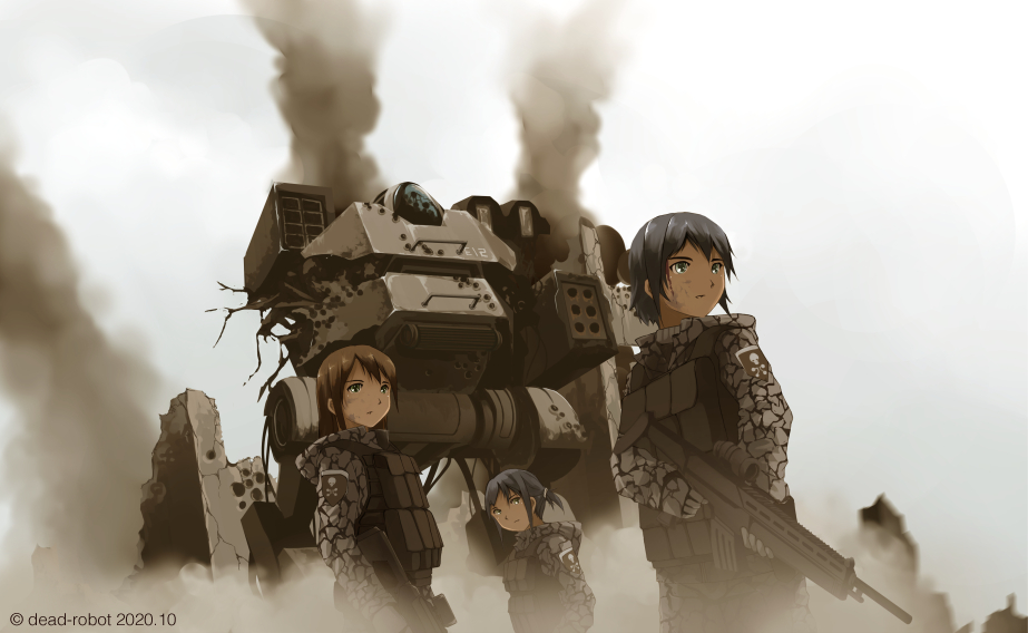 3girls artist_name assault_rifle black_hair brown_hair building bullet_hole dark-skinned_female dark_skin dead-robot dirty dirty_face green_eyes gun load_bearing_vest long_hair mecha military multiple_girls original rifle short_hair short_twintails sidelocks skull_and_crossbones smoke soldier twintails war weapon