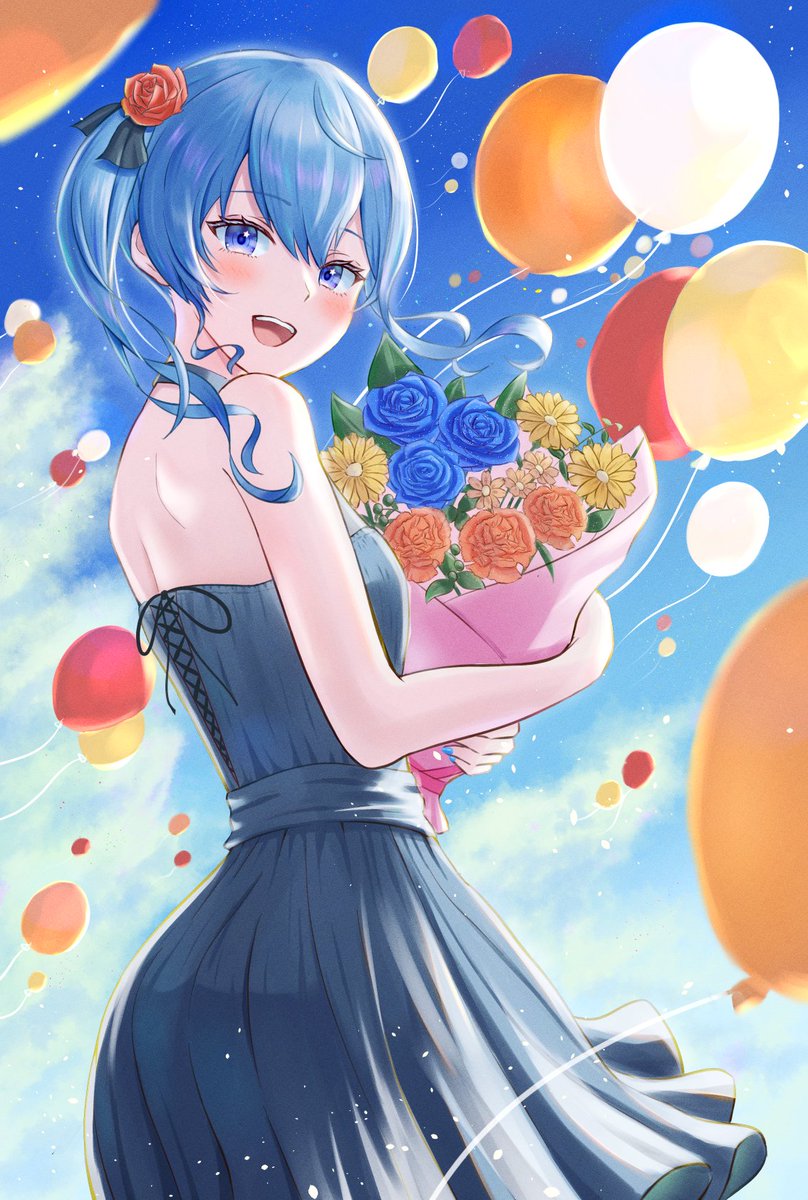 1girl ahoge alternate_costume asymmetrical_hair balloon blue_dress blue_sky blush boku_no_edamame bouquet breasts clouds cloudy_sky commentary cowboy_shot day dress english_commentary eyebrows_visible_through_hair eyelashes flower from_side hair_between_eyes hair_flower hair_ornament hair_ribbon highres holding holding_bouquet hololive hoshimachi_suisei light_blue_hair looking_at_viewer medium_breasts medium_hair milestone_celebration mixed-language_commentary open_mouth outdoors ribbon side_ponytail sky sleeveless sleeveless_dress smile solo star_(symbol) star_in_eye strapless strapless_dress symbol_in_eye virtual_youtuber