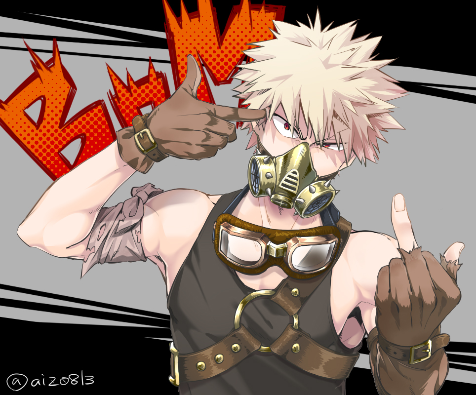 1boy bakugou_katsuki bangs bare_shoulders belt black_background blonde_hair boku_no_hero_academia brown_belt brown_gloves collarbone commentary_request eyebrows_visible_through_hair finger_gun finger_gun_to_head gloves goggles goggles_on_head grey_background hand_up jewelry looking_at_viewer male_focus mask middle_finger mouth_mask necklace o-ring open_mouth red_eyes sleeveless smile solo spiky_hair tonomayo twitter_username upper_body