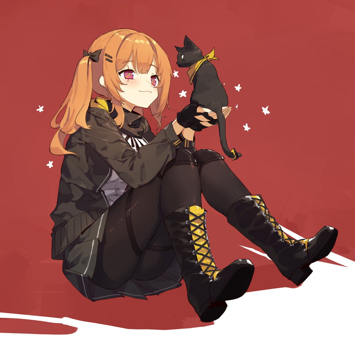 1girl :3 animal animalization ass bangs black_cat black_gloves black_jacket black_scarf boots bow brown_hair cat commentary fingerless_gloves girls_frontline gloves hair_bow hair_ornament hairclip highres holding holding_animal holding_cat hood hood_down hooded_jacket jacket knee_pads open_clothes open_jacket pantyhose pleated_skirt red_background red_eyes scar scar_across_eye scarf sh_(562835932) sitting skirt smile star_(symbol) twintails ump45_(girls_frontline) ump9_(girls_frontline) yellow_scarf
