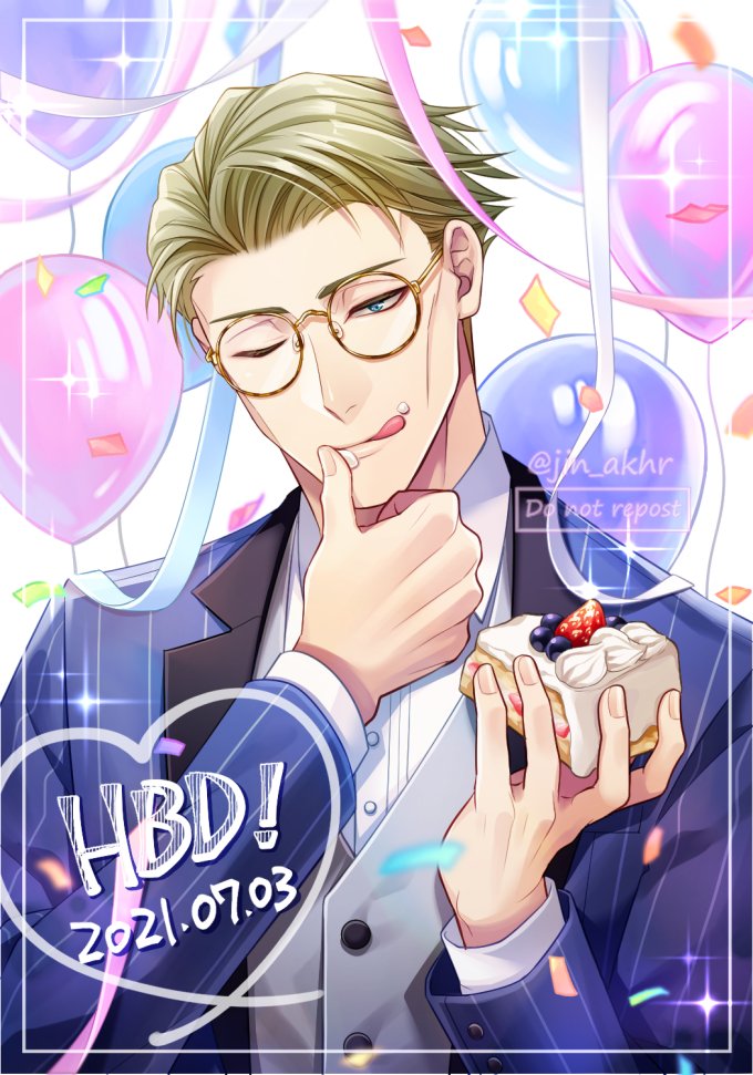 1boy :q balloon blonde_hair blue_eyes blue_jacket blueberry cake collared_shirt dated diffraction_spikes dress_shirt food formal fruit glasses grey_vest hands_up happy_birthday holding holding_food jacket jin_akhr jujutsu_kaisen long_sleeves looking_at_viewer male_focus nanami_kento one_eye_closed round_eyewear shirt short_hair solo strawberry tongue tongue_out tsurime twitter_username upper_body vest white_background white_shirt wiping_face