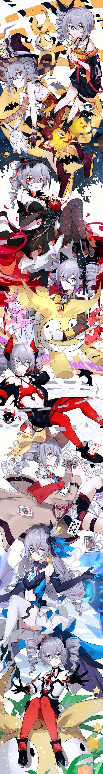 absurdres bangs bare_shoulders black_gloves bronya_zaychik bronya_zaychik_(black_nucleus) bronya_zaychik_(dimension_breaker) bronya_zaychik_(drive_kometa) bronya_zaychik_(herrscher_of_reason) bronya_zaychik_(snowy_sniper) bronya_zaychik_(wolf's_dawn) broom broom_riding brown_headwear brown_jacket card closed_mouth demon_horns demon_tail demon_wings doll drill_hair elbow_gloves ghost gloves grey_eyes grey_hair hair_between_eyes hair_ornament halloween halloween_costume hat highres homei_(honkai_impact) homu_(honkai_impact) honkai_(series) honkai_impact_3rd horns jacket leggings long_hair long_image playing_card red_eyes red_legwear scissors sitting sleeveless stuffed_toy tail tall_image twin_drills wings witch_hat yumu_(8181018)