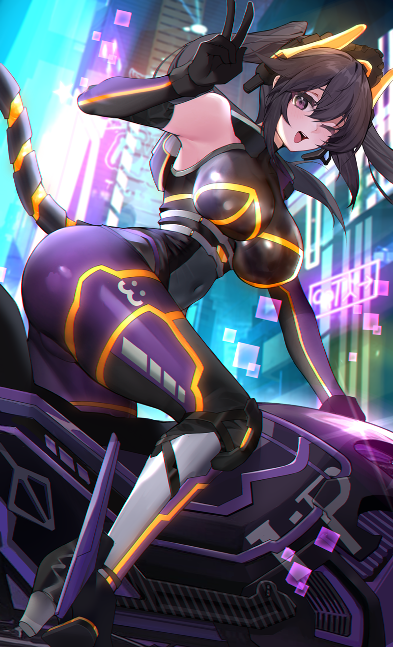 1girl armpits ass bangs bare_shoulders black_gloves black_hair blush bodysuit breasts covered_navel eyebrows_visible_through_hair from_side gloves ground_vehicle hair_ornament hand_up highres i:p_masquerena large_breasts long_hair looking_at_viewer motor_vehicle motorcycle neon_lights one_eye_closed open_mouth smile solo tail thighs v violet_eyes xiujia_yihuizi yu-gi-oh! yuu-gi-ou