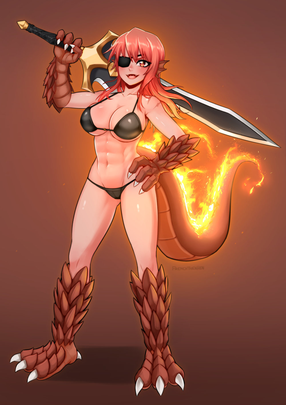 1girl :d abs animal_feet animal_hands bangs bare_shoulders bikini black_bikini breasts brown_background claws collarbone commentary commission english_commentary eyepatch fangs fiery_tail fire frenchthenhen full_body gradient_hair hand_on_hip head_fins highres huge_weapon large_breasts legs_apart lizard_girl lizard_tail looking_at_viewer monster_girl monster_girl_encyclopedia multicolored_hair navel open_mouth orange_hair over_shoulder paws red_eyes redhead salamander_(monster_girl_encyclopedia) scales scar simple_background smile solo standing stomach swimsuit sword sword_over_shoulder tail toned weapon weapon_over_shoulder