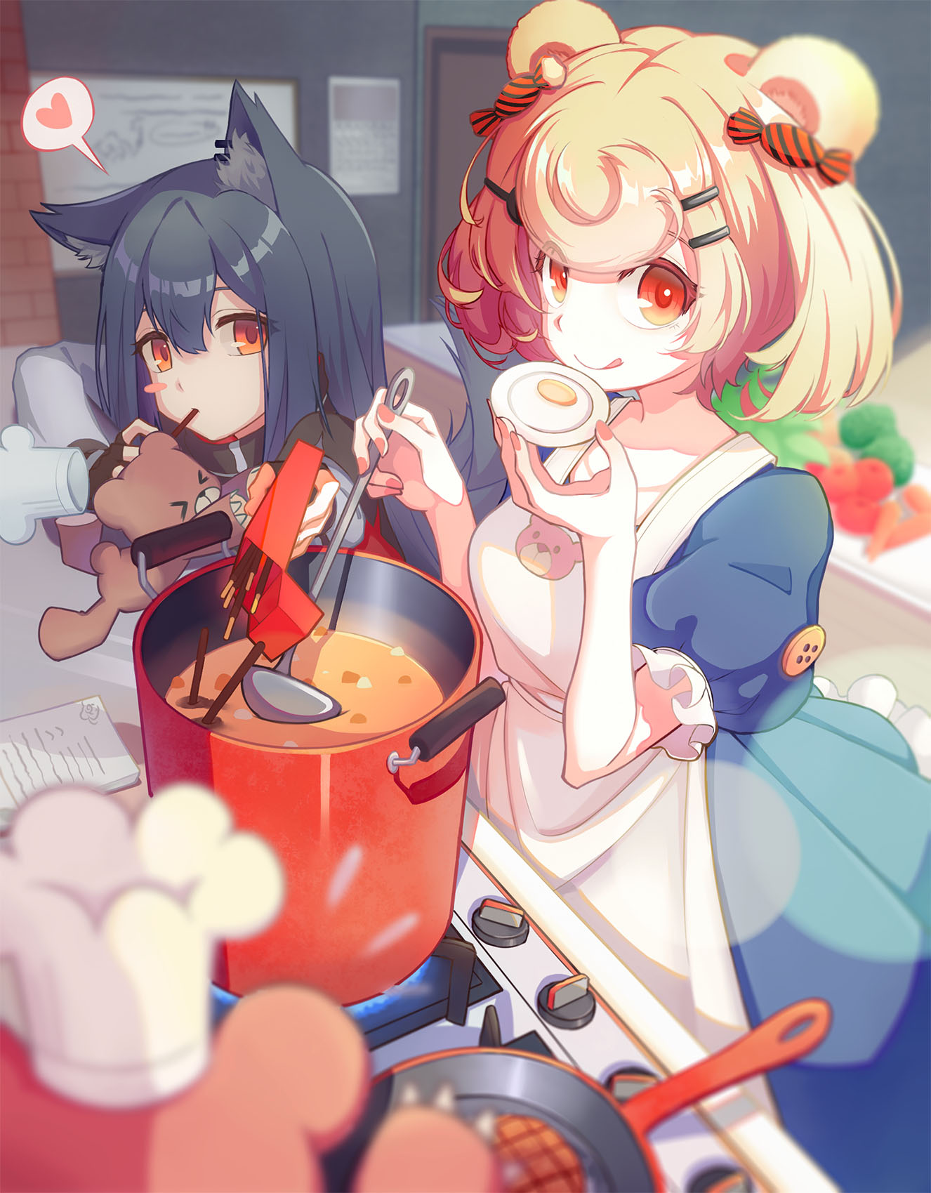 2girls animal_ear_fluff animal_ears apron arknights bear_ears black_hair blonde_hair blush blush_stickers bow ear_piercing earrings egg food gummy_(arknights) hair_bow heart highres jewelry looking_at_viewer multiple_girls nail_polish orange_eyes orange_nails oven piercing pocky short_hair sora_e_no_tobira spoken_heart tail texas_(arknights) tomato wolf_ears