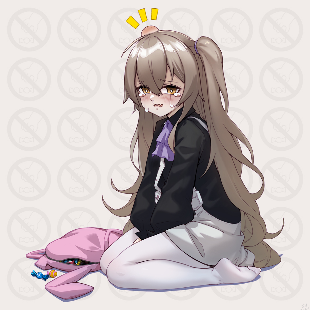 1girl animal_bag ascot black_shirt blush brown_eyes brown_hair bunny_bag candy commentary_request crying crying_with_eyes_open diestren food full_body girls_frontline hair_between_eyes head_bump long_hair long_sleeves looking_at_viewer messy_hair no_shoes official_alternate_costume one_side_up pantyhose scar scar_across_eye shirt sitting skirt snot solo suspender_skirt suspenders tears ump45_(girls_frontline) very_long_hair wariza wavy_mouth white_legwear white_skirt younger