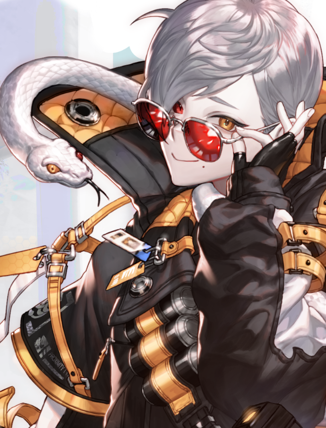 1girl adjusting_eyewear ahoge black_gloves fingerless_gloves forked_tongue gloves grey_hair heterochromia hong_mil id_card looking_at_viewer mole mole_under_mouth original red_eyes short_hair smile snake solo sunglasses symbol_commentary tongue yellow_eyes