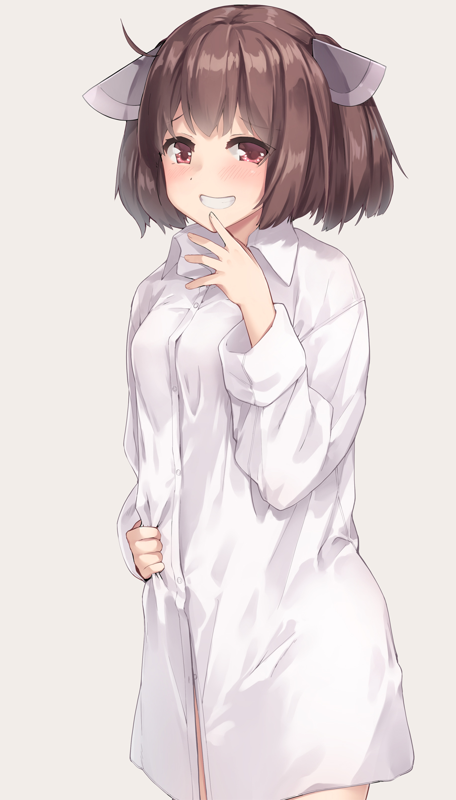 1girl bangs blush breasts brown_eyes brown_hair collared_shirt commentary_request dress_shirt eyebrows_visible_through_hair grey_background grin hand_up headgear highres kanzen_bouon long_sleeves looking_at_viewer naked_shirt shirt simple_background small_breasts smile solo touhoku_kiritan voiceroid white_shirt