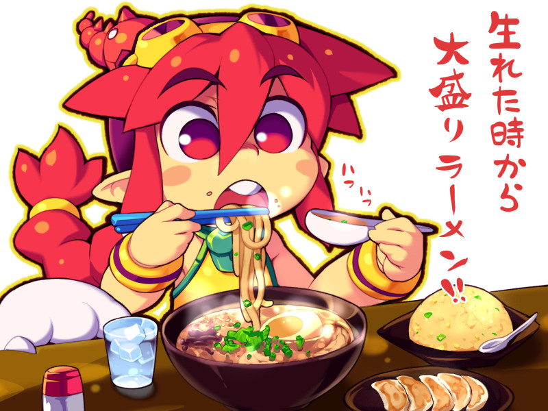 1girl blush_stickers bowl cup eating egg eyebrows_visible_through_hair food goggles goggles_on_head hair_between_eyes holding holding_spoon ice ice_cube metata noodles original outline plate pointy_ears ponytail red_eyes redhead shirt sleeveless sleeveless_shirt solo spoon yellow_outline yellow_shirt