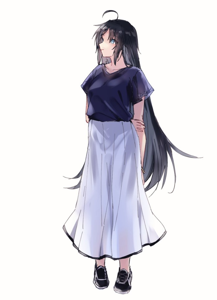 1girl ahoge black_hair blouse blue_blouse blue_eyes commentary_request full_body hair_down kako_(kancolle) kantai_collection long_hair long_skirt looking_to_the_side official_alternate_costume pleated_skirt satsumi simple_background skirt solo standing walking white_background white_skirt