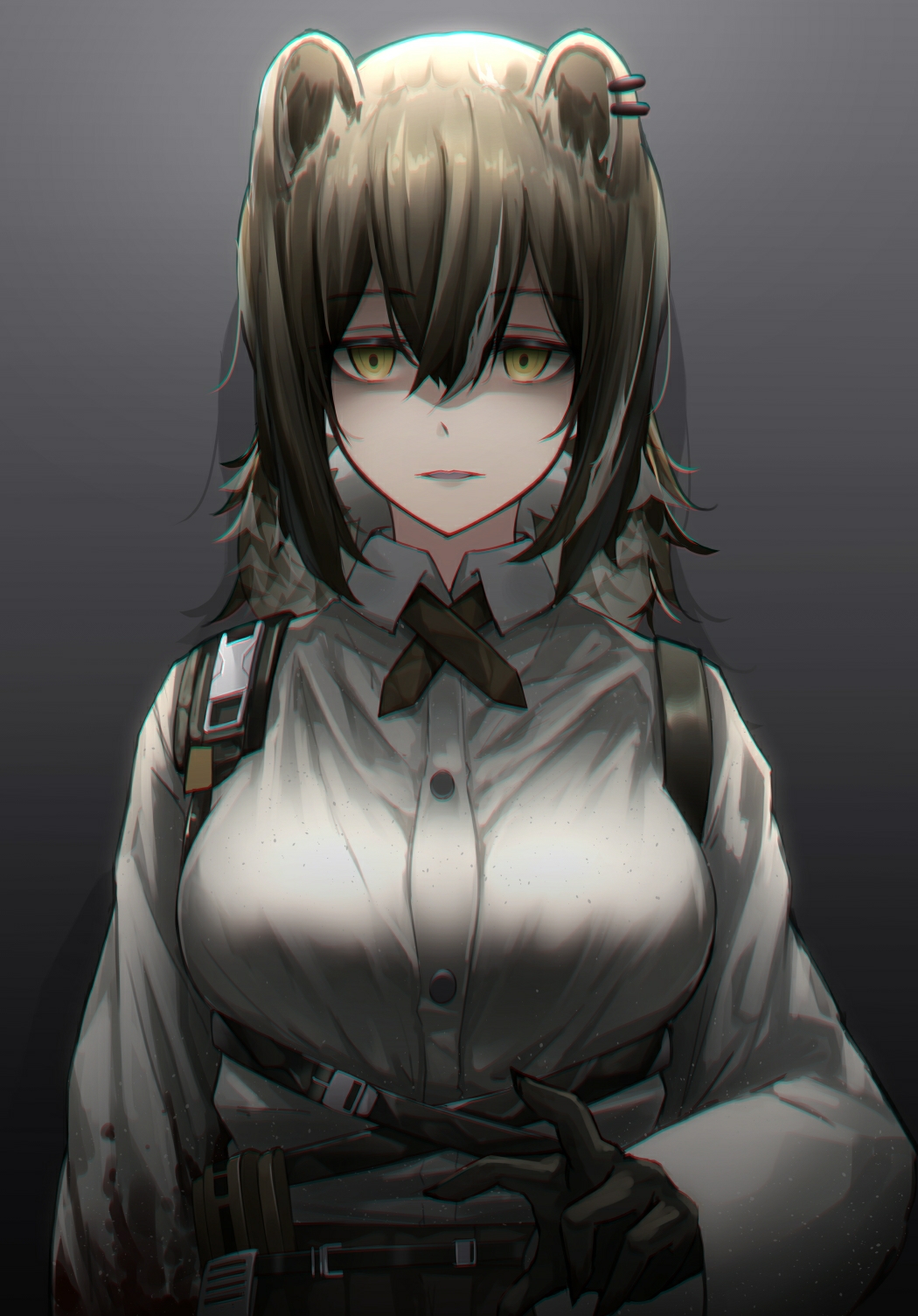 1girl animal_ears arknights black_background black_gloves blood bloody_clothes breasts brown_hair collared_shirt commentary_request ear_piercing eyebrows_visible_through_hair gloves gradient gradient_background grey_background hair_between_eyes highres kureneko large_breasts long_hair long_sleeves looking_at_viewer parted_lips piercing ponytail raccoon_ears raccoon_girl robin_(arknights) shaded_face shirt solo upper_body white_shirt yandere yellow_eyes