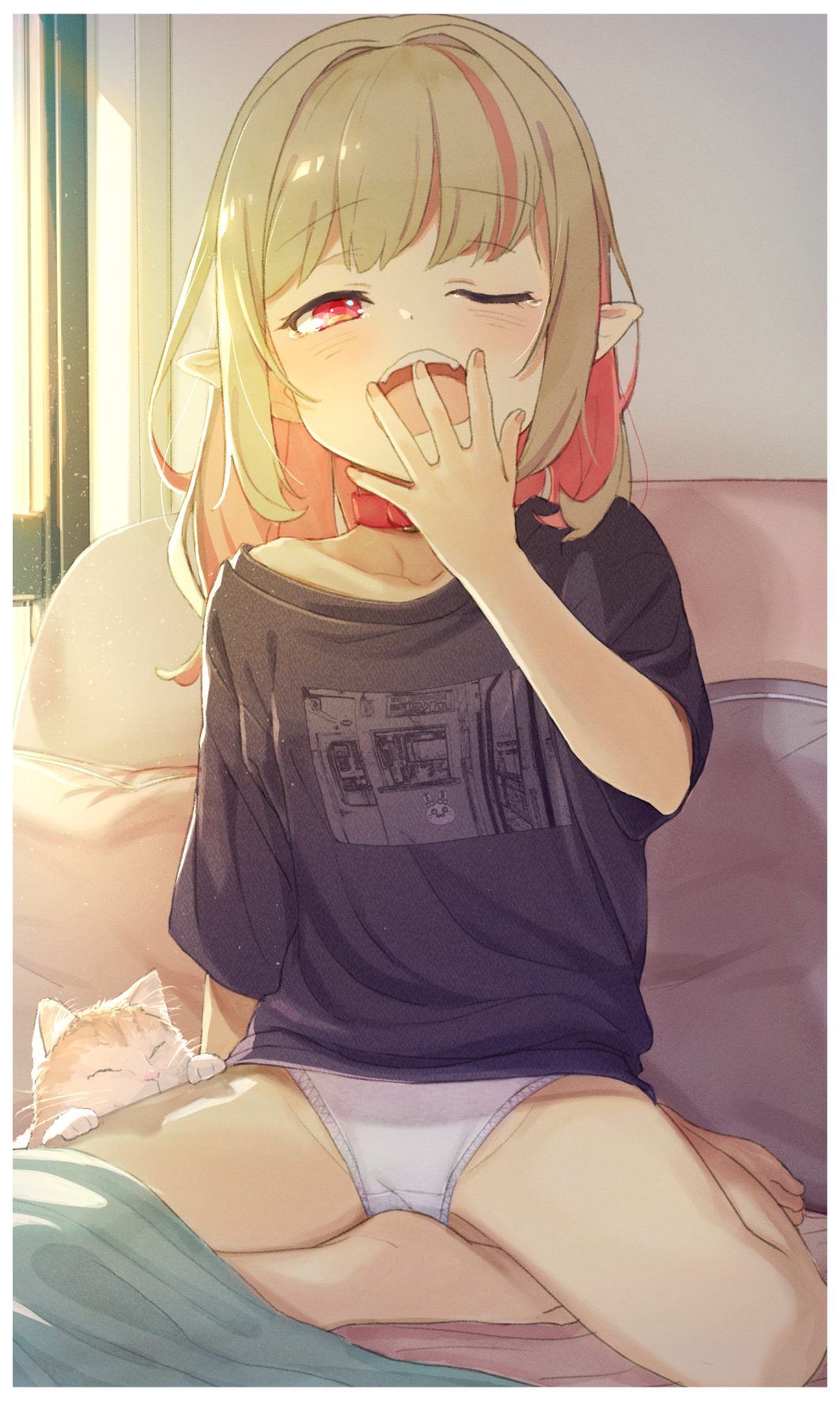 1girl ;o animal backlighting bed bed_sheet blush cat child collar collarbone eyebrows_visible_through_hair grey_hair hand_to_own_mouth highres indoors loli long_hair makaino_ririmu multicolored_hair nijisanji on_bed one_eye_closed open_mouth panties pillow pink_hair pointy_ears red_collar red_eyes sabamen shirt sitting streaked_hair sunlight t-shirt two-tone_hair underwear virtual_youtuber white_panties yawning