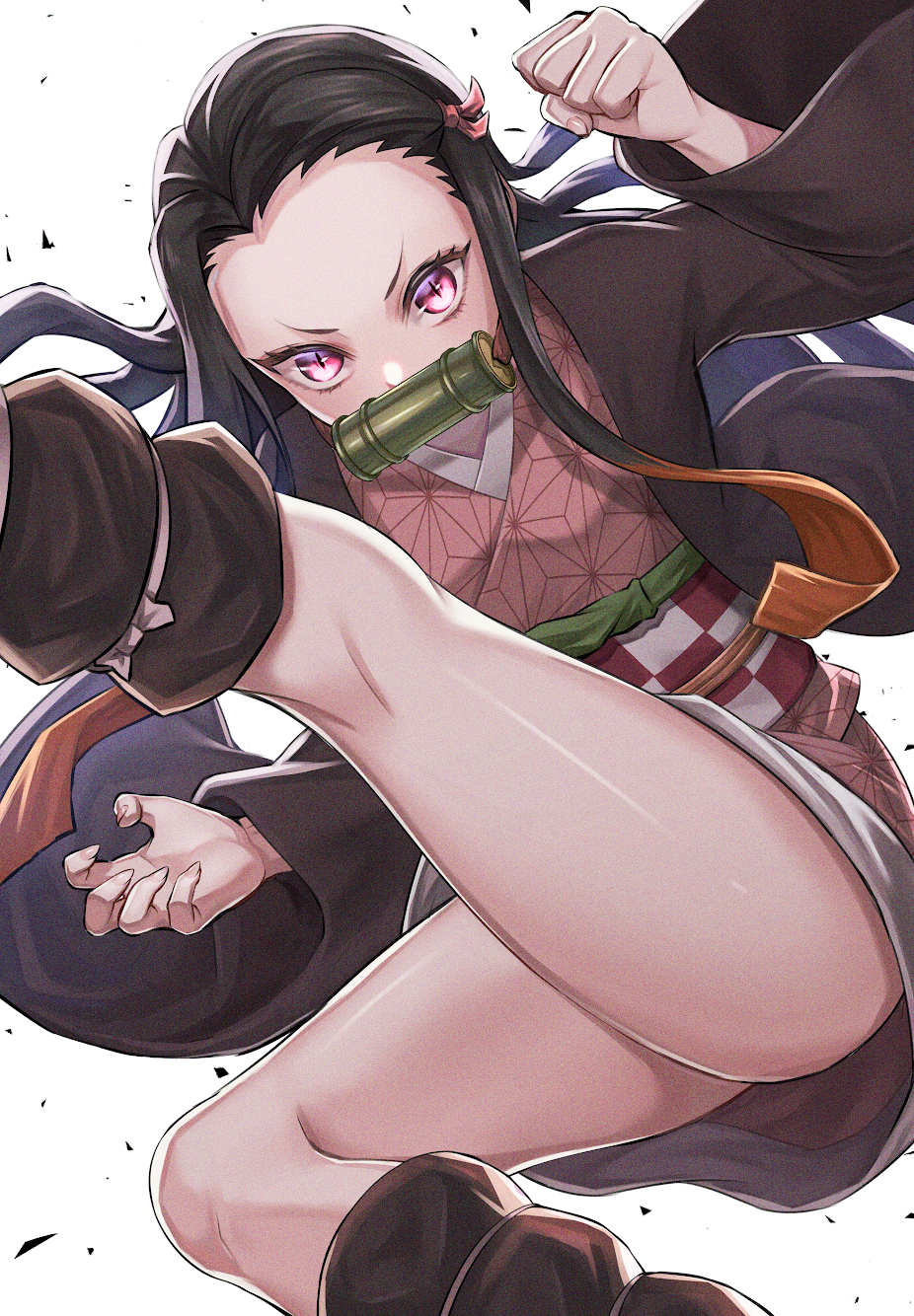 1girl bamboo bit_gag black_hair brown_hair checkered_obi ebinomi fingernails forehead gag gradient_hair highres japanese_clothes kamado_nezuko kicking kimetsu_no_yaiba kimono kneepits leg_up long_hair multicolored_hair pink_eyes sharp_fingernails simple_background slit_pupils solo thighs white_background