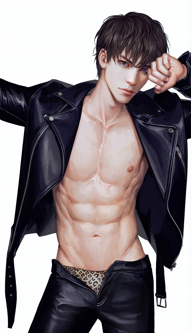 1boy abs animal_print arms_up bangs bare_pectorals black_hair black_jacket black_pants blue_eyes clenched_hand contrapposto cowboy_shot expressionless guanyiwudan jacket leather leather_jacket leather_pants leopard_print lips looking_at_viewer male_focus male_underwear navel nipples no_shirt nose open_fly original pants pectorals print_male_underwear realistic shiny shiny_clothes short_hair simple_background solo standing toned toned_male underwear